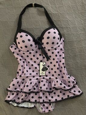 Retro stage Polka Dot Ruffle y2k swimsuit - Lavender & Black - XL
